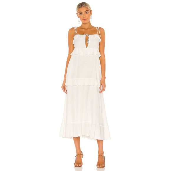 Tularosa Tie Front Midi Dress White Boho Ruffle L - Picture 1 of 6